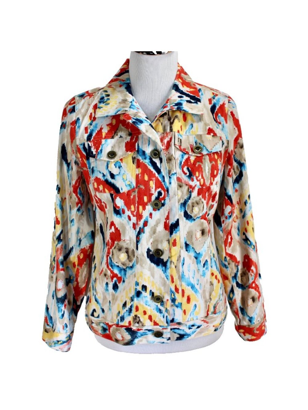 Chicos Blazer Jacket Size 0 S Tan Orange Blue Long Sleeve Cotton Blend Womens